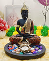 Sitting Buddha Idol Statue Showpiece-with Wooden Flowers Natural Stones