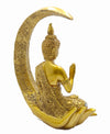 A small, intricately carved marble statue of Buddha seated in meditation pose under a crescent moon. The statue is suitable for placing on a car dashboard.