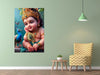 Baby Krishna wall poster depicting the beloved Hindu deity playing with a pink lotus flower, showcasing vibrant colors and intricate details.