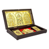 Gold-plated Tirupati Balaji Padmavati Lakshmi temple with Charan Paduka pocket, showcasing intricate details, ideal for home décor and gifting.