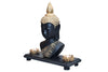 Exquisite Buddha statue crafted from resin and marble dust, complete with a wooden tray and two tealight holders, measuring 31L x 11W x 30H cm.