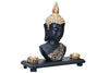 Exquisite Buddha statue crafted from resin and marble dust, complete with a wooden tray and two tealight holders, measuring 31L x 11W x 30H cm.