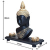 Exquisite Buddha statue crafted from resin and marble dust, complete with a wooden tray and two tealight holders, measuring 31L x 11W x 30H cm.