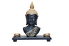 Exquisite Buddha statue crafted from resin and marble dust, complete with a wooden tray and two tealight holders, measuring 31L x 11W x 30H cm.