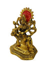 Handmade Goddess Durga idol sitting on a lion, crafted from metal with a golden finish, ideal for home decor, puja rooms, or car dashboards