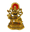 Handmade Goddess Durga idol sitting on a lion, crafted from metal with a golden finish, ideal for home decor, puja rooms, or car dashboards