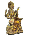 Handmade idol of Goddess Saraswati playing sitar, crafted from premium resin, showcasing intricate details, ideal for home decor or altars.