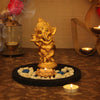 Hindu Gods : Ganesha Statue Playing Bansuri with with Wooden Flower Tealight Candle Holder