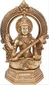 Handmade brass idol of Goddess Saraswati, the Hindu deity of knowledge and arts, featuring intricate details and elegant design.