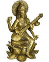 Handmade brass Saraswati idol, intricately designed, depicting the goddess of knowledge and arts seated gracefully on a swan.