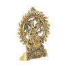 Handcrafted metal Saraswati idol, depicting the goddess of knowledge playing the veena, featuring intricate details and an antique gold finish.